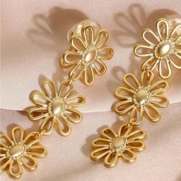 Long Hollow Flower Design Gold Tone Dangle Earrings - Picture 3 of 6